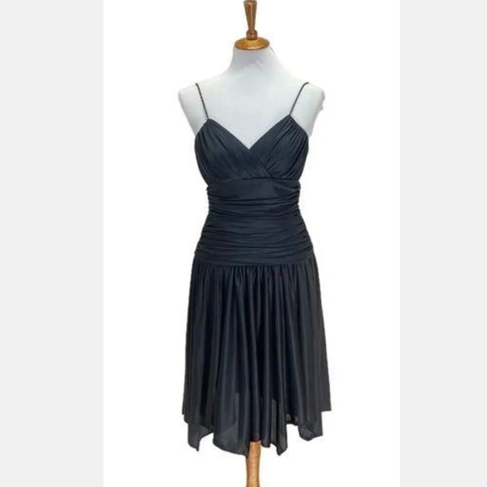 Betsy & Adam Sz 5 6 Vintage Ruched Black Satin Dress 80's 90's